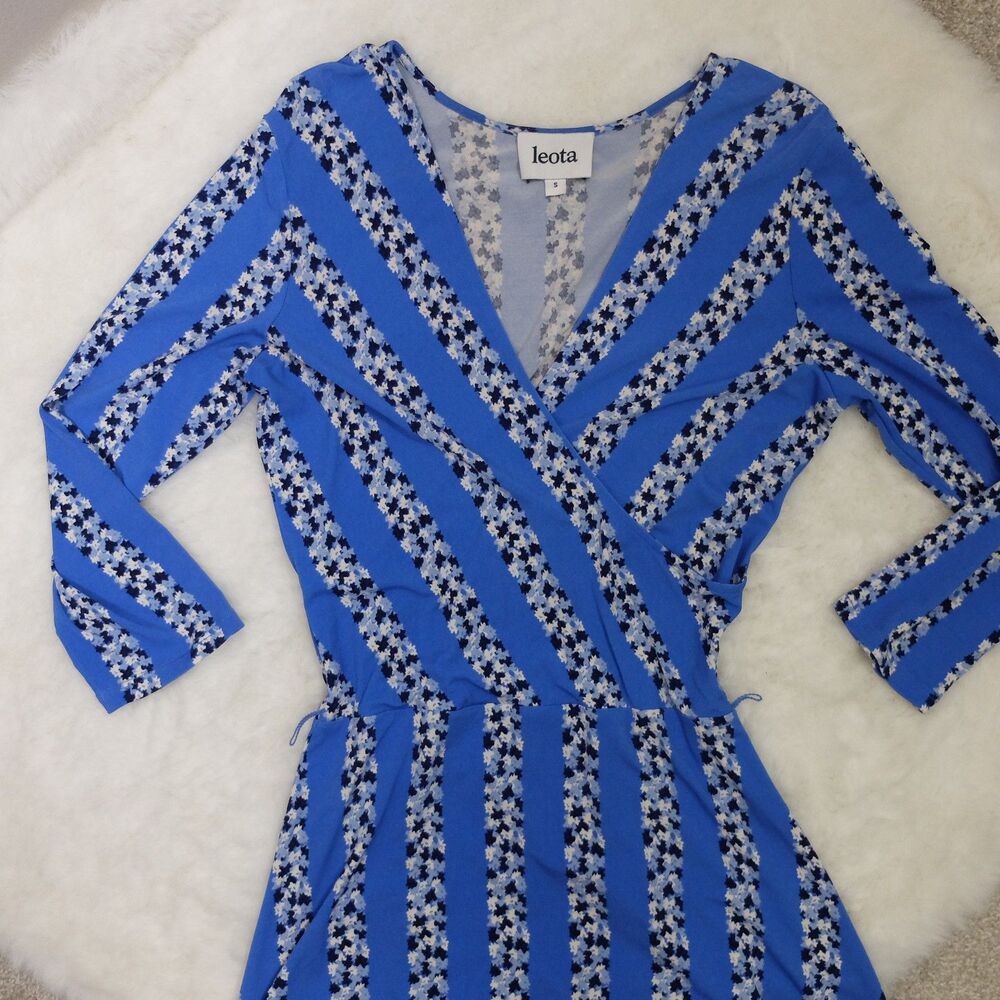 Leota Nordstrom Vibrant Blue Floral Stripe Faux Wrap Dress Size Small - Picture 8 of 9